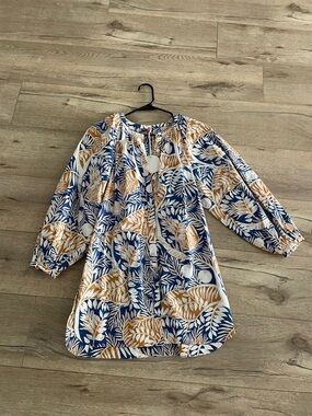 STAUD Blue & Tan Leaf-Print Peasant Tunic